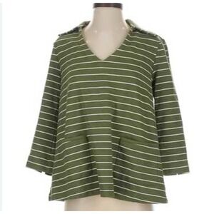 Tuckernuck Olive Green Striped Oversized V Neck Collared Top 3/4 Sleeves $150 Xs